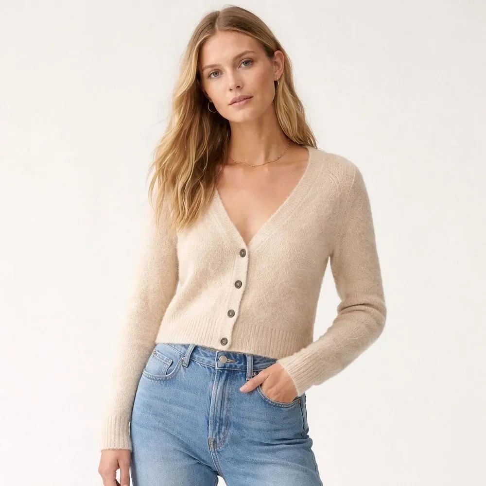 Jenni Kayne Alpaca Wool Blend Cropped Cardigan Oatmeal Button Front Small
